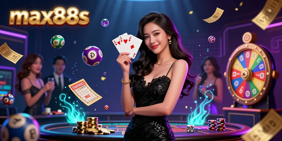 Experience thrilling gameplay at max88s with exciting casino elements like poker cards and lucky lottery balls.