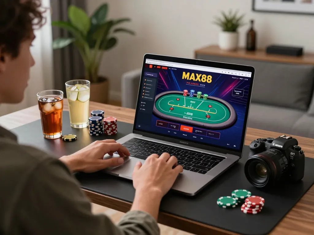 Engaging online gaming at home with MAX88 casino interface and a relaxed atmosphere.