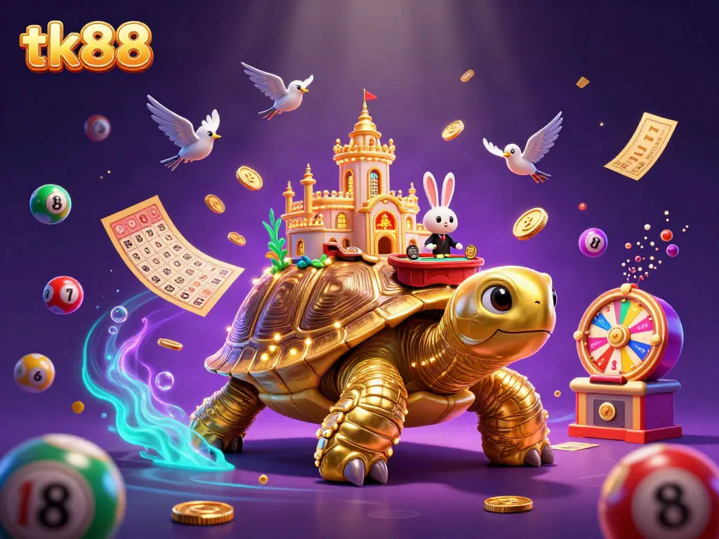 Experience thrilling gameplay with tk88's vibrant casino scene featuring a golden tortoise and lively game elements.