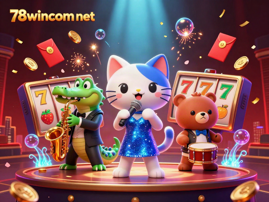 Experience the exciting atmosphere of 78wincom net with colorful characters performing in a vibrant casino scene.