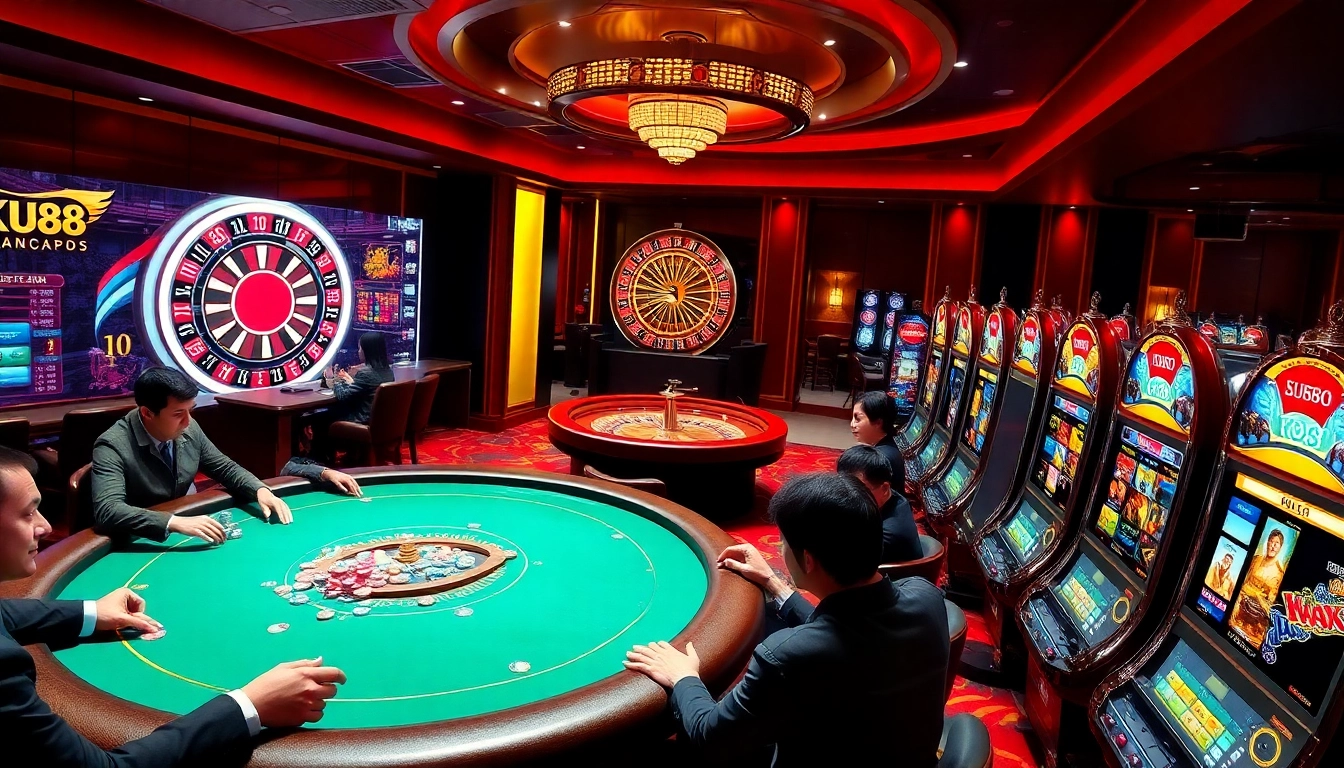 Players enjoying an exciting poker game at KU88 Casino, highlighting thrilling casino elements.