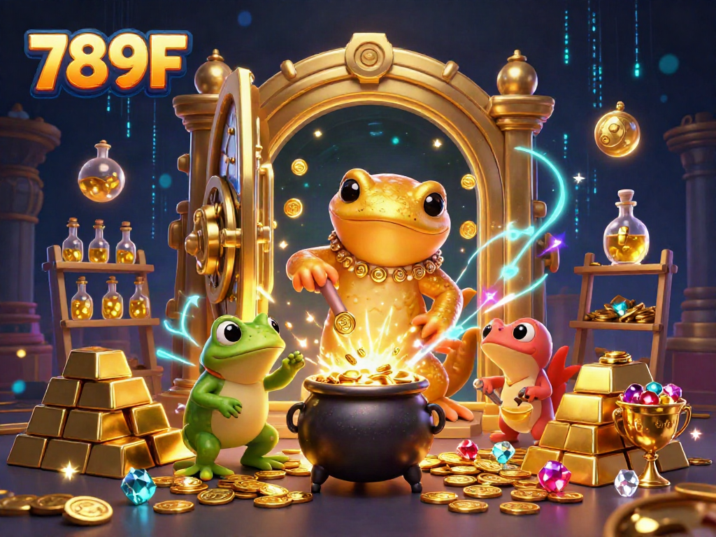 Experience the excitement of 789F with treasures and enchanting gold elements in a thrilling casino-style illustration.