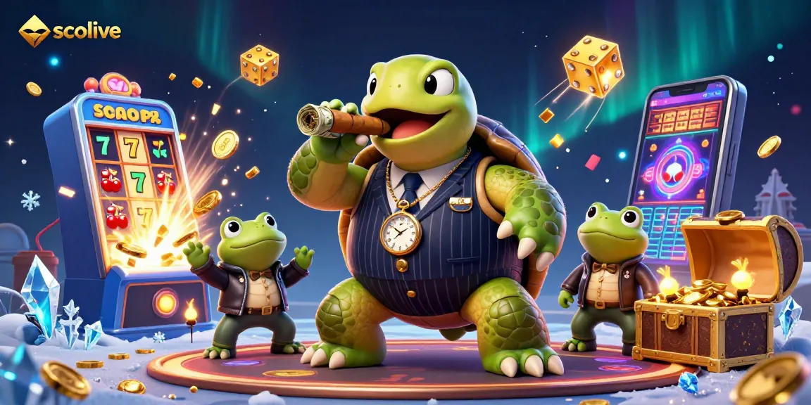 Socolive showcases a lively snappy turtle and bullfrog enforcers amid an exciting casino scene filled with jackpots and game elements.