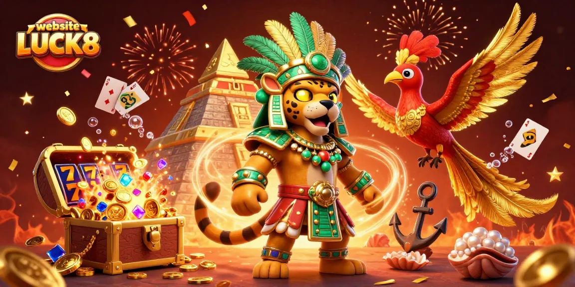 Experience exciting gameplay at website LUCK8 with a vibrant 3D casino scene filled with treasures and riches.
