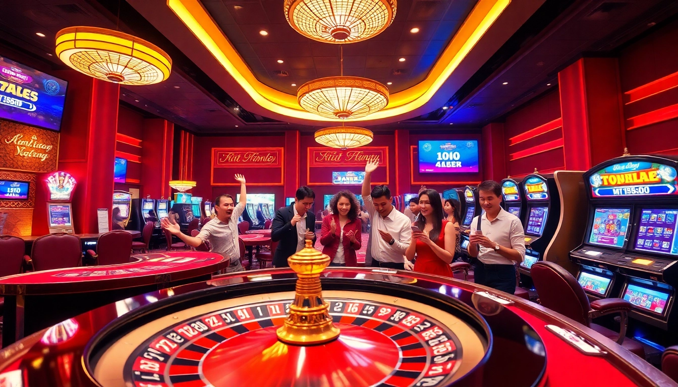 Kết quả xổ số on interactive lottery screens with players celebrating wins in a luxurious casino setting.