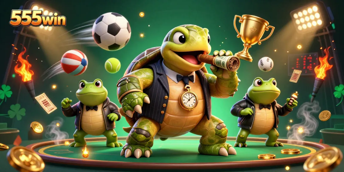Experience the thrilling action at 555win casino with a dynamic 3D scene featuring a snapping turtle and bullfrogs.