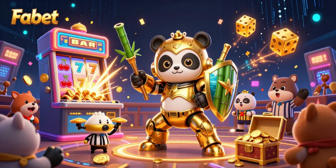 Experience Fabet's vibrant casino atmosphere with golden panda robot, slot machines, and festive ambiance.