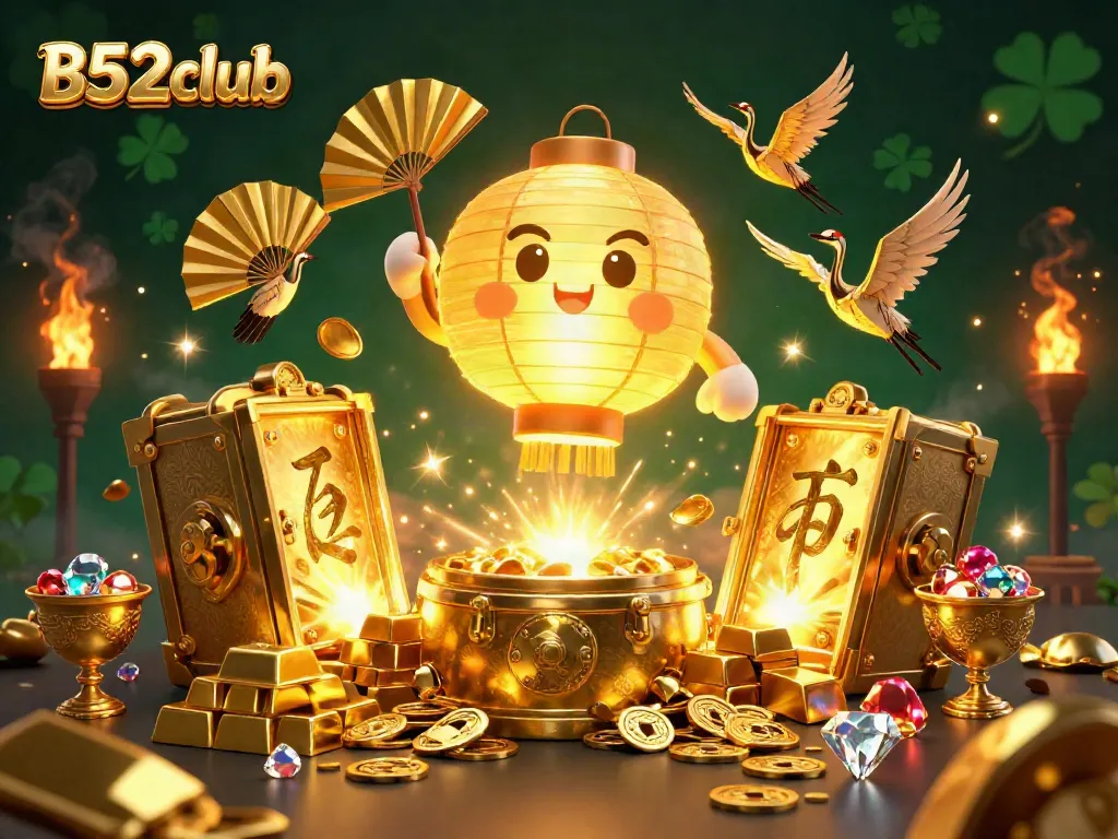 Engaging scene of B52club featuring a giant lantern spirit amidst a vibrant casino atmosphere filled with treasure.