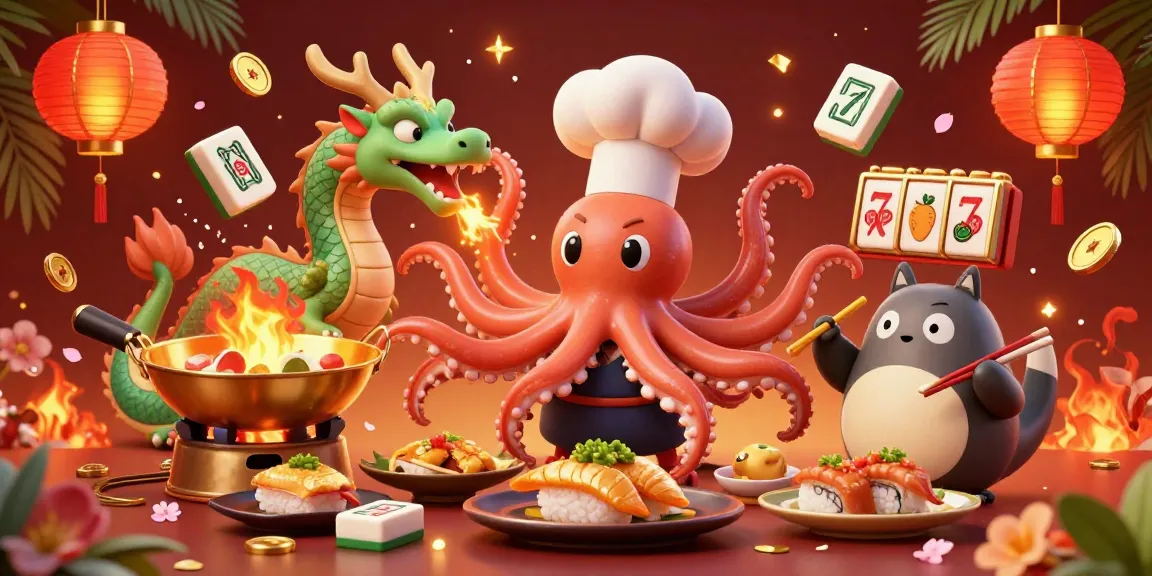 Join the excitement at 28BET with a vibrant casino scene showcasing a sushi chef, dragon, and colorful game elements.