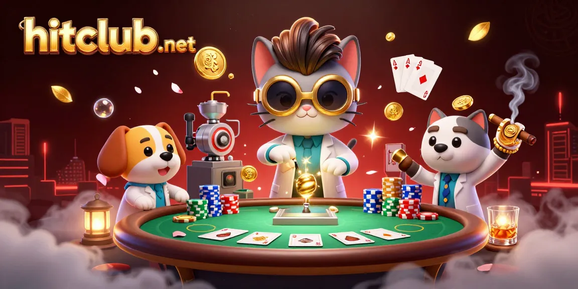 Engage with hitclub-net in a vibrant casino scene featuring a mad scientist cat and assistant creating gold coins.