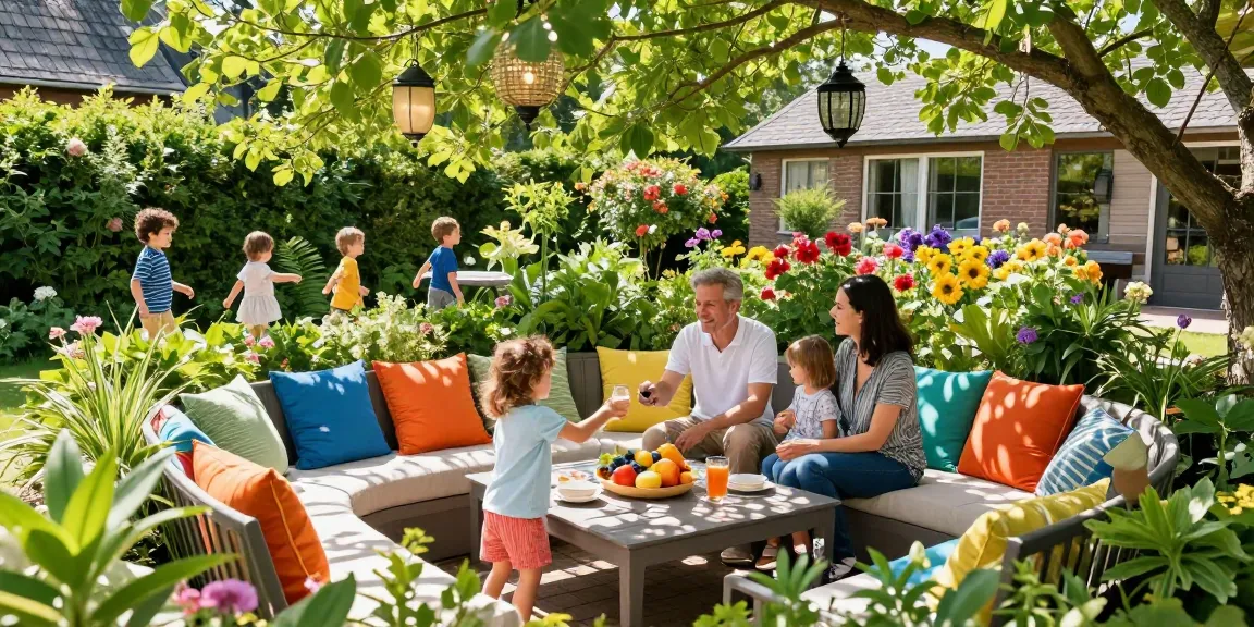 Kunsthaag buiten creëert een levendige buitenoase voor familiebijeenkomsten in een zonnige tuin.