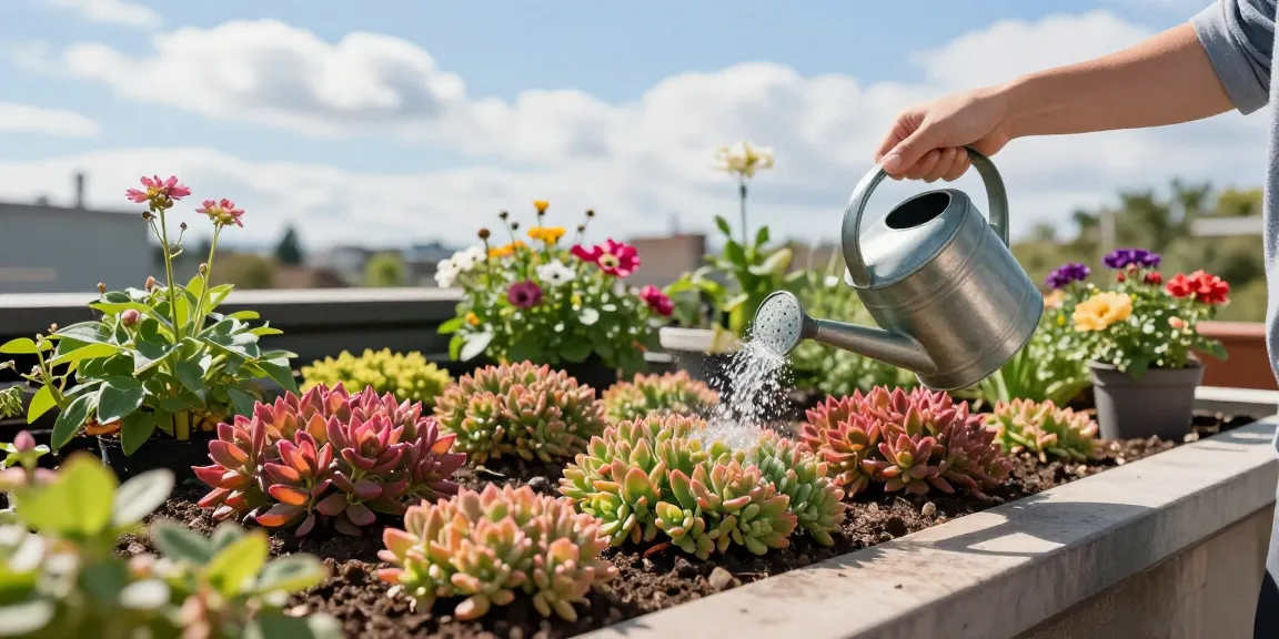 Het verzorgen van een sedumdak door aandacht te besteden aan de behoeften van de planten, met levendige groene planten en tuinieren in de buitenlucht.