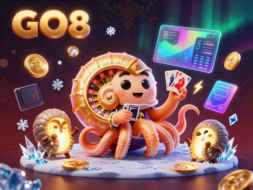 Engage with the dynamic GO8 Casino world featuring an ancient nautilus roulette wheel and glowing crypto elements.