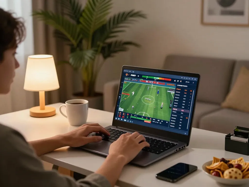 Person betting on F8BET using a laptop in a cozy home setup, showcasing responsible gaming.