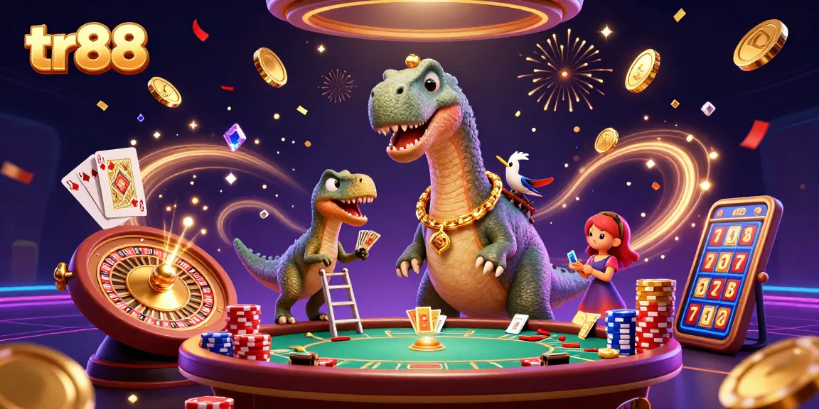 Engage with tr88's thrilling casino experience surrounded by colorful characters, gold coins, and vibrant game elements.