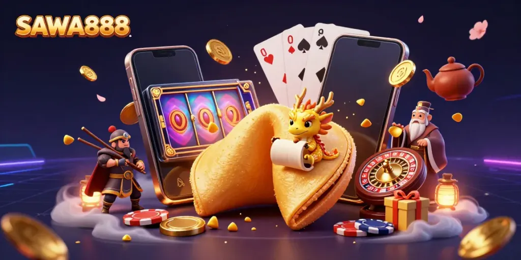 SAWA888 showcases a dynamic casino scene featuring a golden fortune cookie, a wise dragon, and vibrant slot game elements.