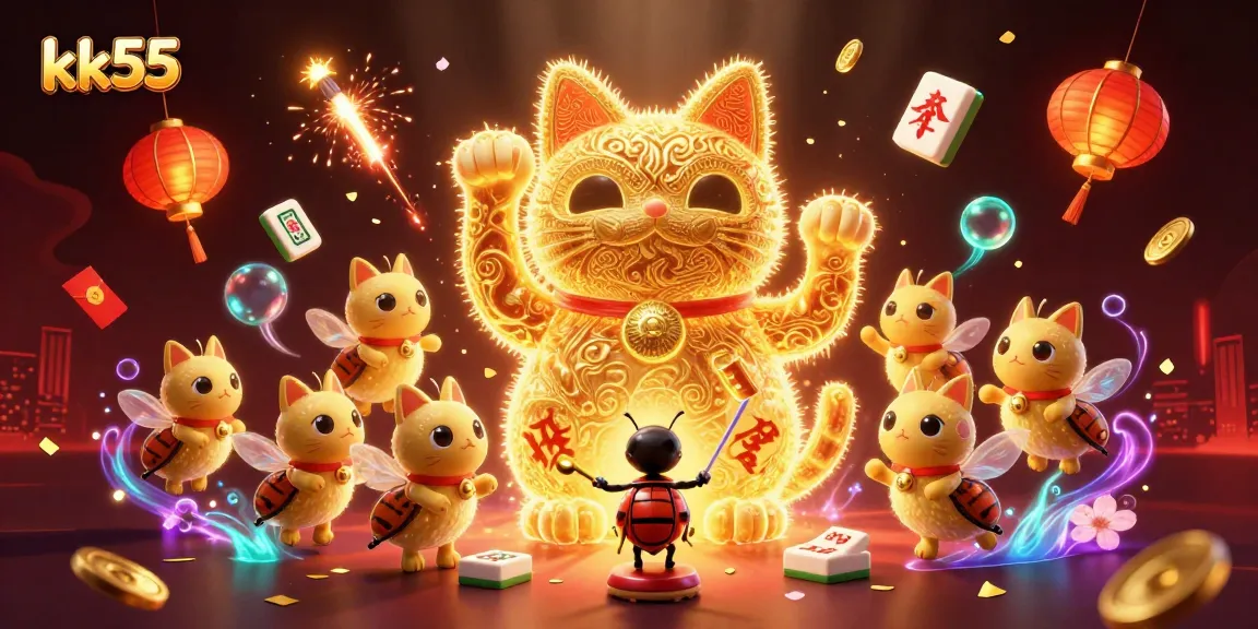 Experience the excitement of kk55 with a vibrant lucky cat and golden fireflies amidst casino symbols.