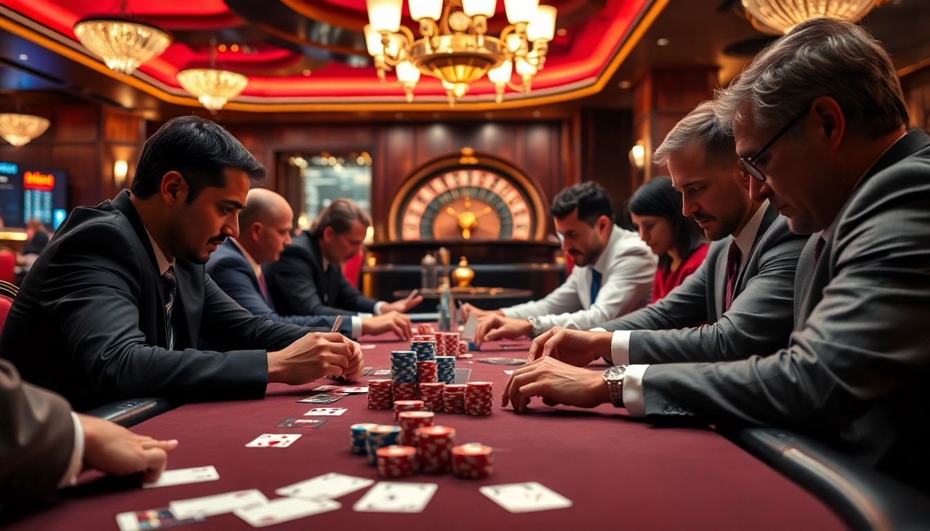 Intense poker game at a casino featuring 7mcn elements with vibrant poker chips and focused players.