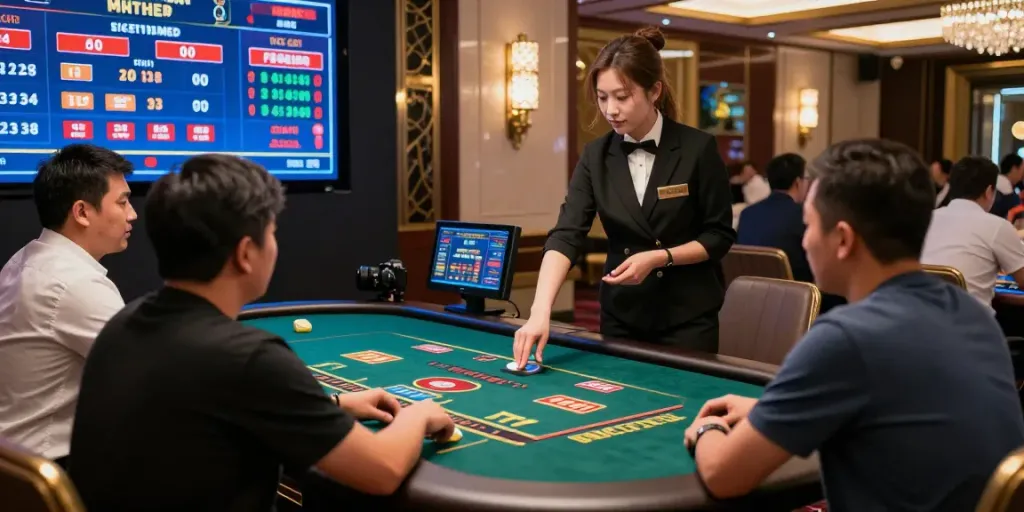 Engaged players at FIVE88's live casino, showcasing vibrant gaming atmosphere and dealer interactions.