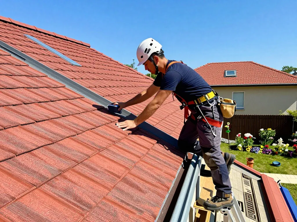 Expert dakonderhoud die dakonderhoudsdiensten illustreert met een professionele dakdekker die shingles en gereedschap inspecteert.