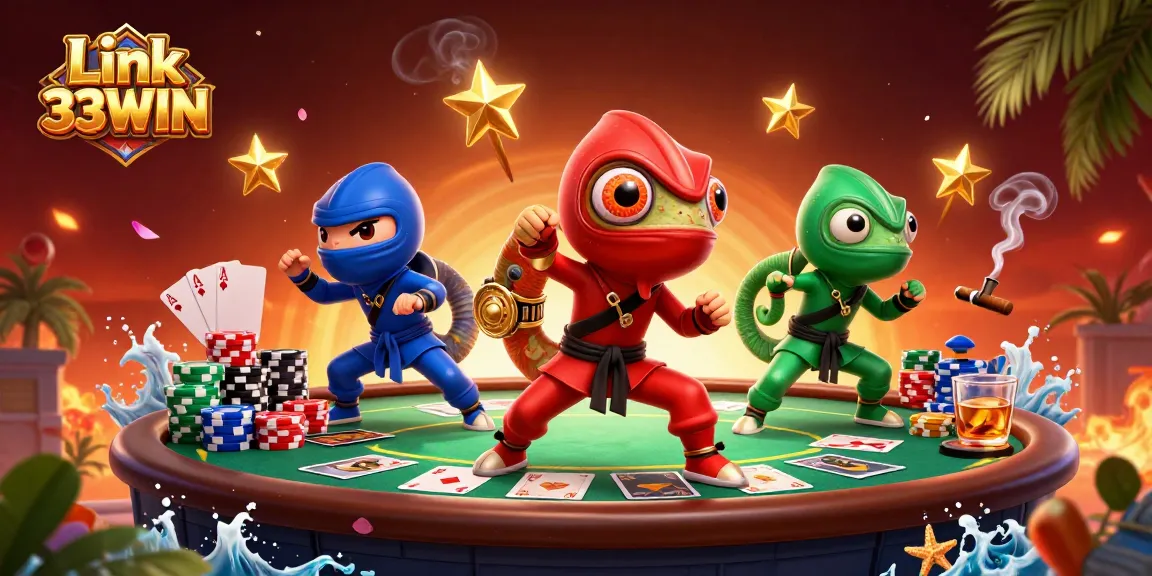 Experience the excitement of Link 33WIN with a ninja chameleon team and vibrant casino elements.