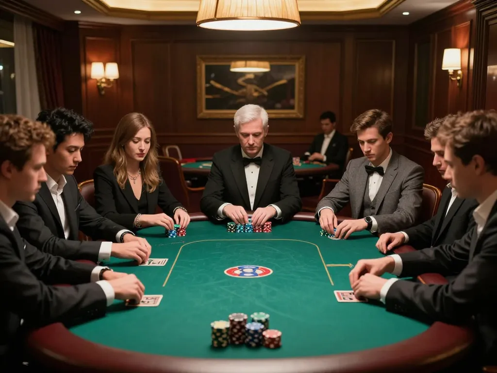 Players strategizing at PHPVIP's exclusive poker table, showcasing intense gameplay and luxury.