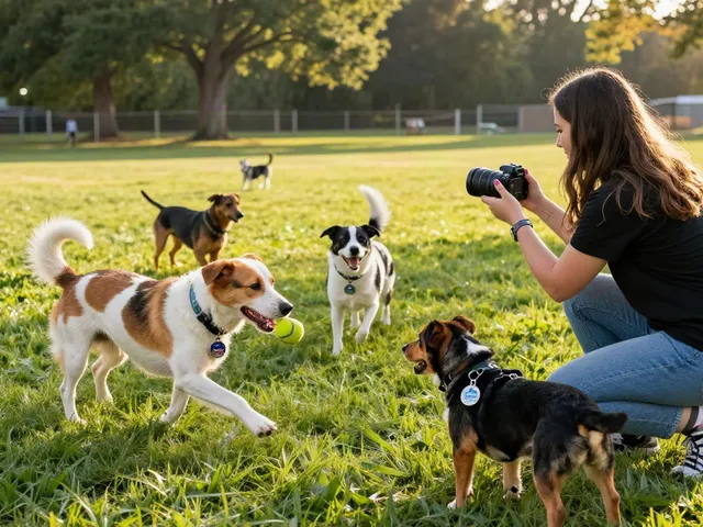 Hondenpenning met naam en telefoonnummer op speelse honden in het park