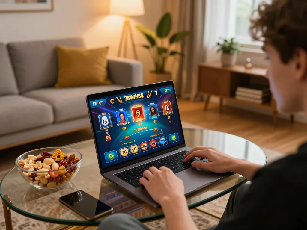 Engaging online gambling session at home featuring 78winbs gaming interface on laptop.