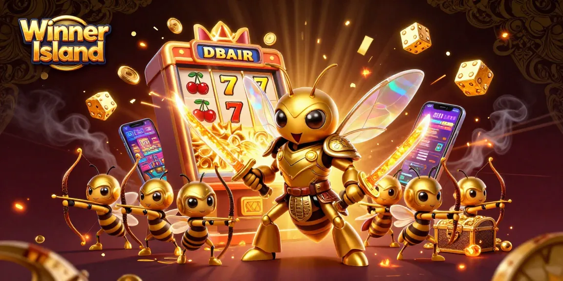 Experience the thrilling jackpot explosion at Winner Island with vibrant casino symbols and animated characters.