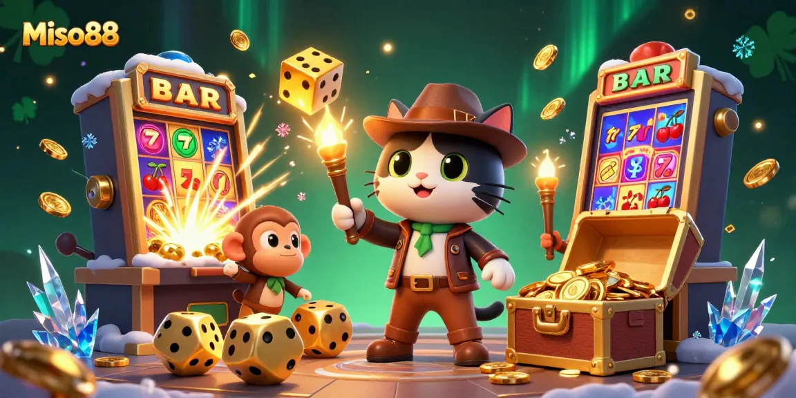 Miso88 players engage with vibrant casino-themed artifacts in an animated 3D illustration.