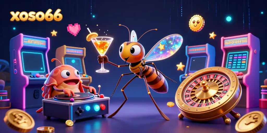 Experience the thrill of xoso66 with a vibrant 3D scene featuring casino mascots and gaming elements.