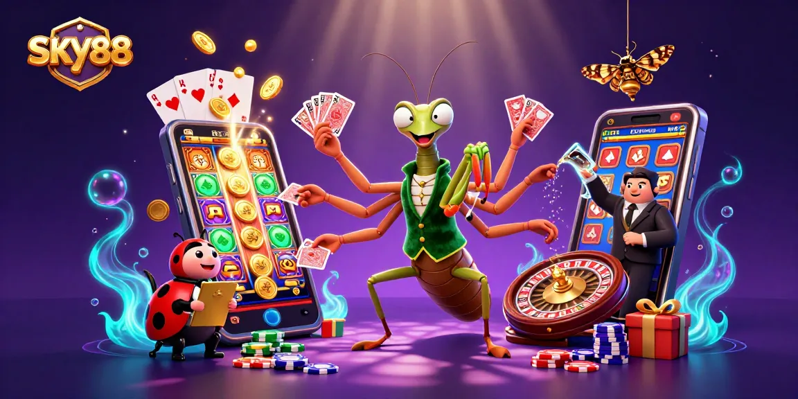 Experience the excitement of SKY88 slots with a vibrant 3D illustration featuring dynamic casino elements and characters.