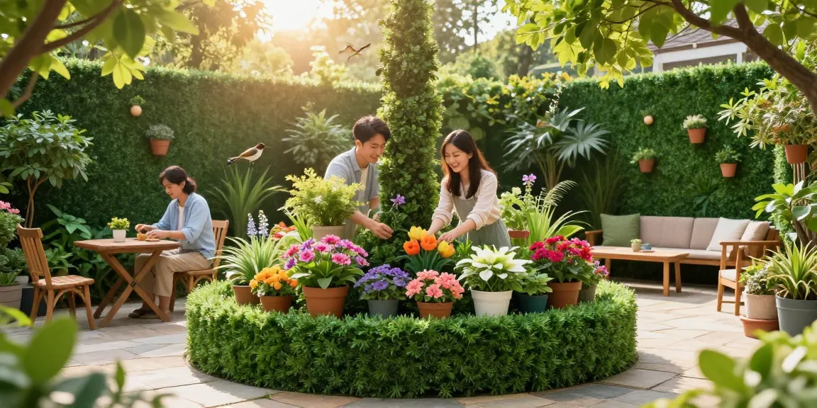 Kunsthaag buiten die een kleurrijke tuinretreat verfraait met levendige planten.