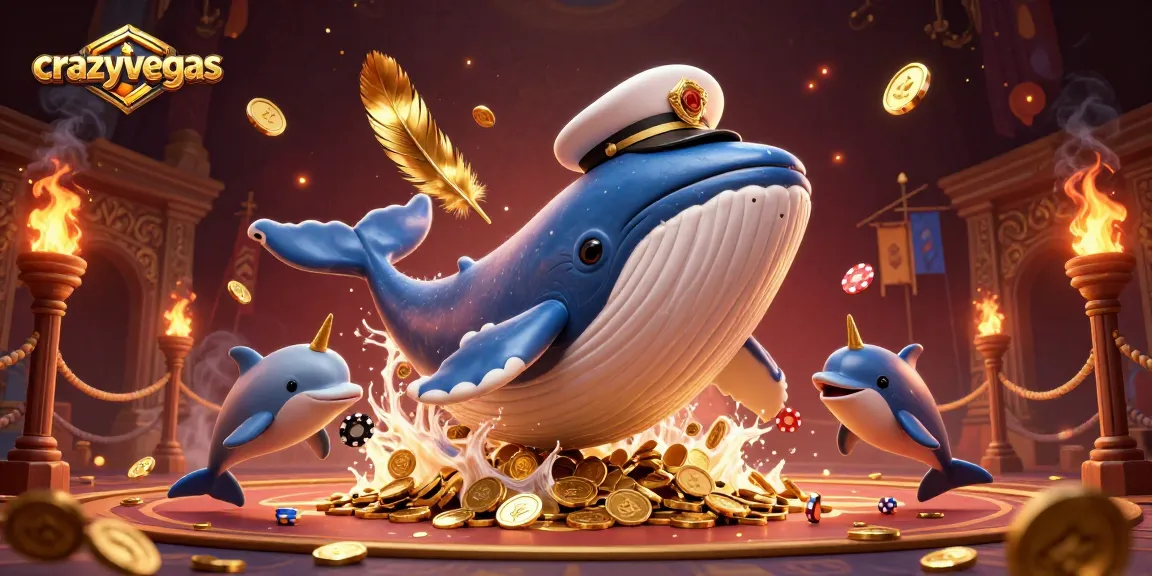 crazyvegas showcases a vibrant scene with a 3D cartoon whale and playful dolphins, celebrating online gambling.