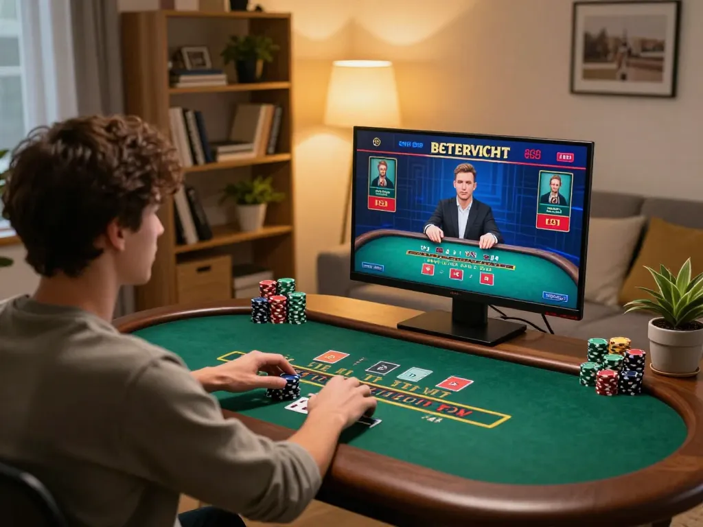 KJC online player enjoying live blackjack at home, focusing on strategy and fun in a cozy environment.