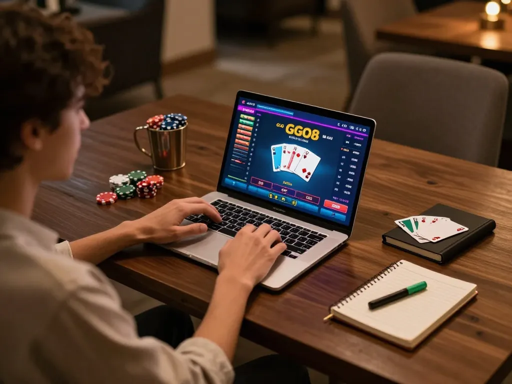 Player engaging with Go8 casino games on a laptop in a cozy home setting showcasing strategic gameplay