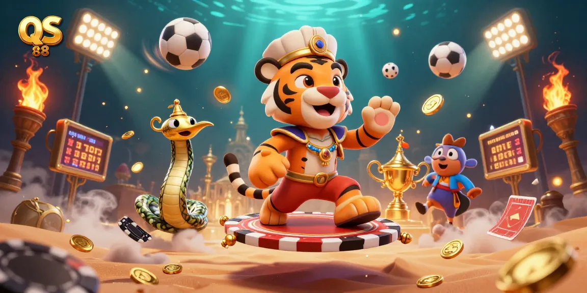 Engage with QS 88 in this vibrant scene depicting a tiger sultan and sports elements, showcasing thrilling casino action.