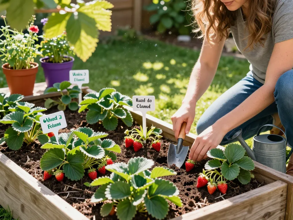 Planting vibrant aardbeienplanten kopen in a sunny home garden setting.