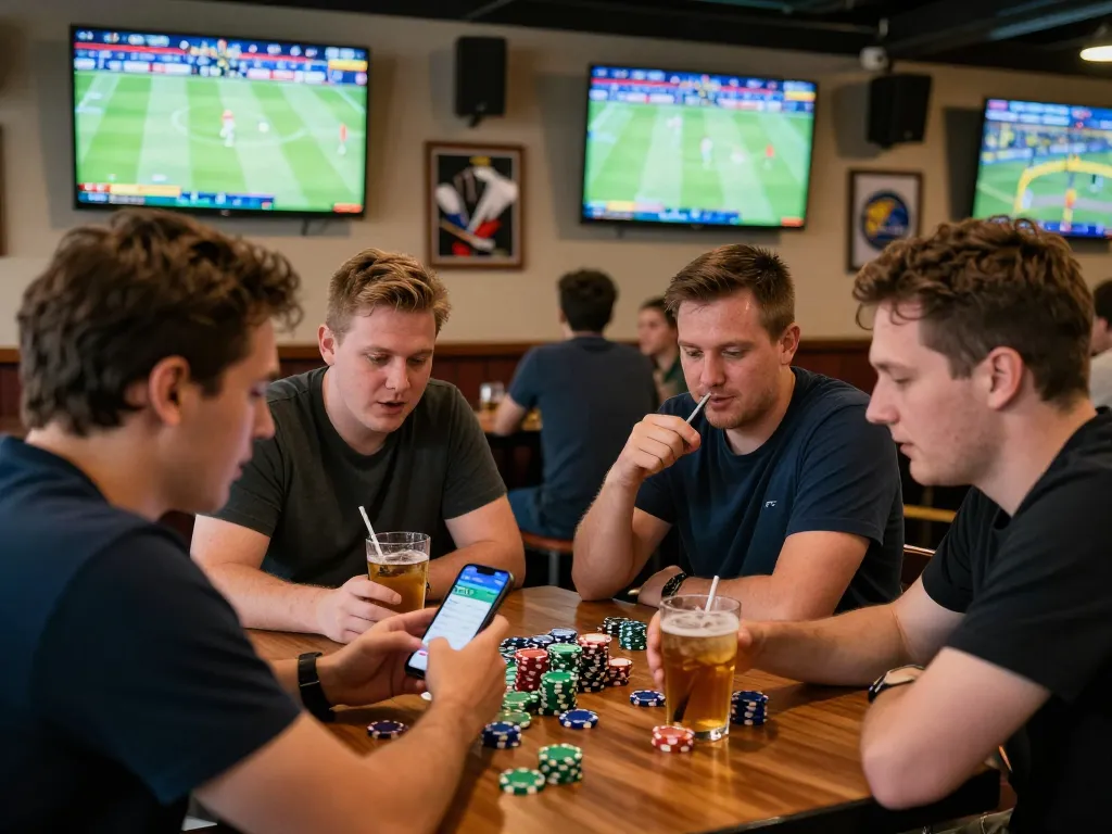 Cá cược Lu88 engaging in dynamic sports betting with friends at a lively bar while using a smartphone