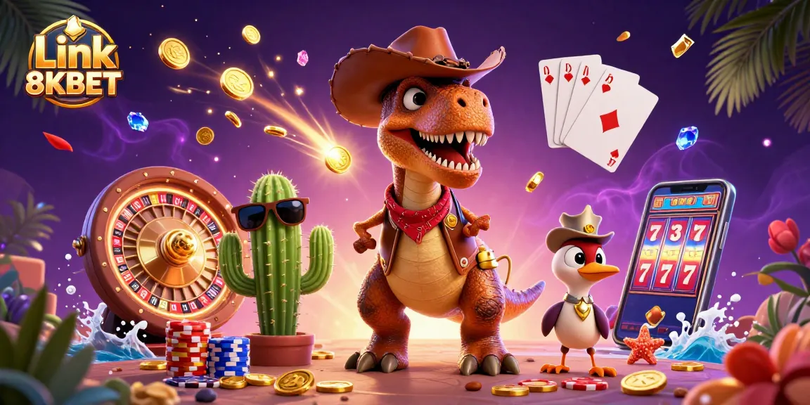 Engage with thrilling gambling action at Link 8KBET, featuring vibrant casino characters and exciting game elements.
