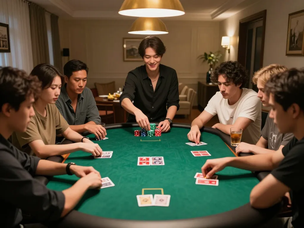 Players engage in an intense poker game at home, showcasing strategy and excitement in a 9bet gathering.