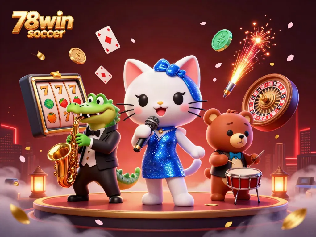Experience the thrill of 78win soccer with lively characters, vibrant casino elements, and dramatic lighting.