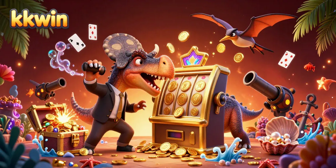 kkwin showcases a 3D cartoon pachycephalosaurus winning a jackpot from a golden slot machine amidst a chaotic casino scene.