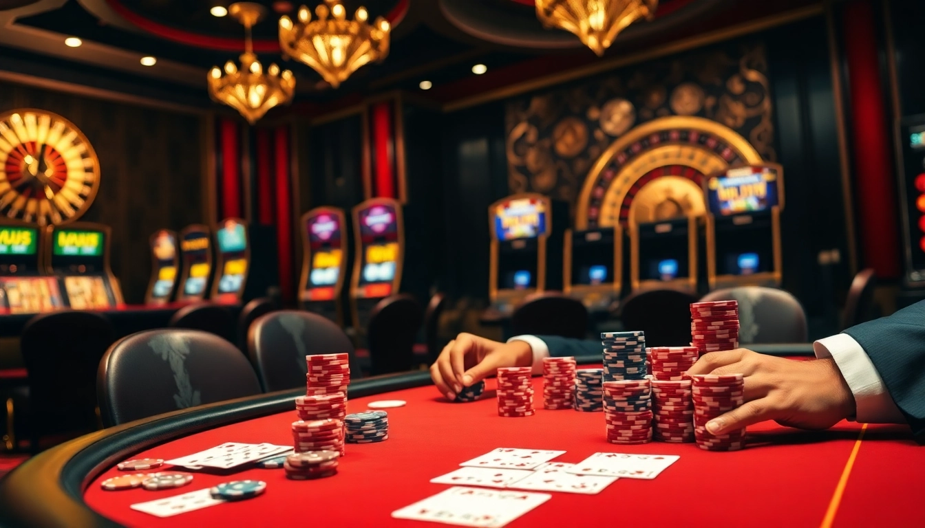 Players engaging in high-stakes poker at nhatvip.com, showcasing excitement and luxury in gambling.
