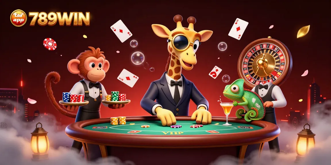 Experience the excitement of tải app 789WIN with a vibrant virtual casino scene featuring characters, cards, and rich details.