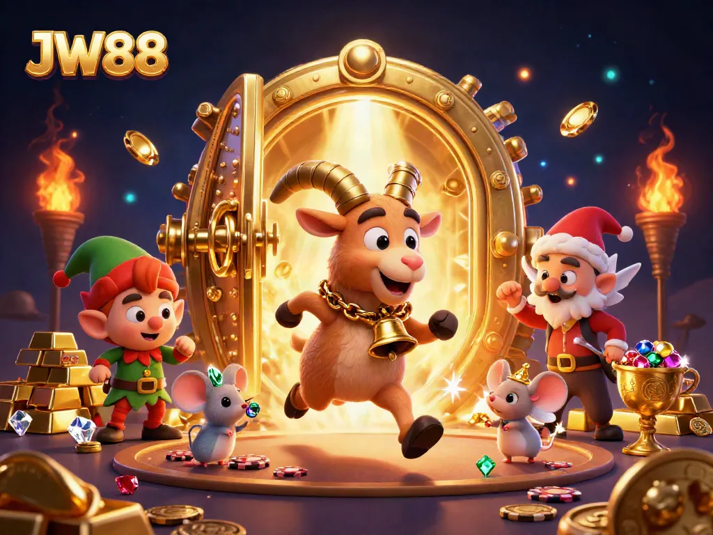 Engage in thrilling games at JW88 with Krampus and playful characters in a vibrant casino scene.