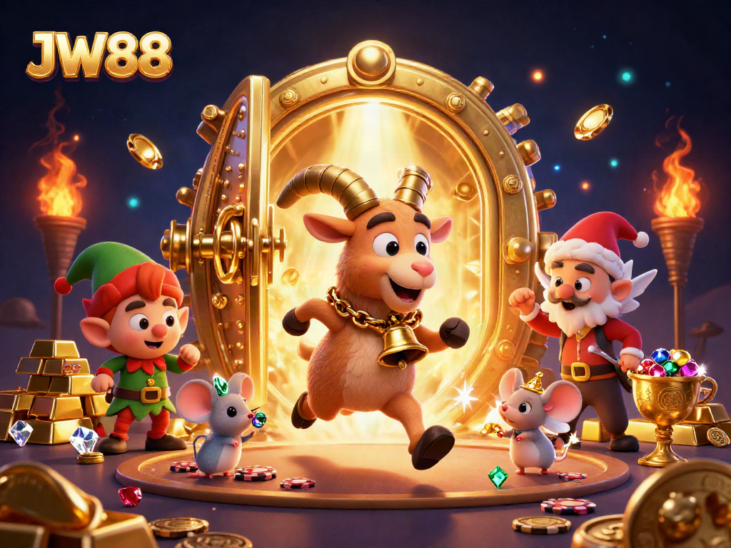 Engage in thrilling games at JW88 with Krampus and playful characters in a vibrant casino scene.