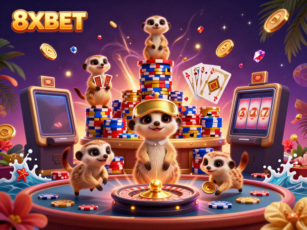 Engaging scene of 8XBET's meerkat casino featuring dynamic card games, golden coins, and roulette.