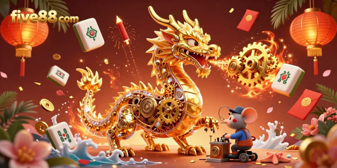 Experience the magic of five88 com as golden cogs and mahjong tiles come alive in a vibrant casino scene.