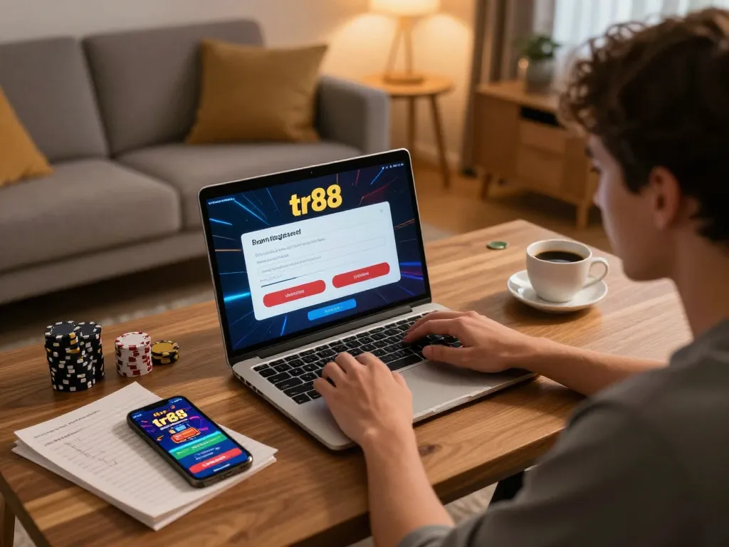 Engaging scene of a warm home workspace where a player is completing đăng ký tr88 for online gambling.